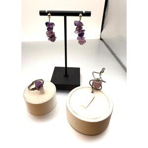 Vintage Amethyst Stone Jewelry Lot Ring Pendant Earrings Trio